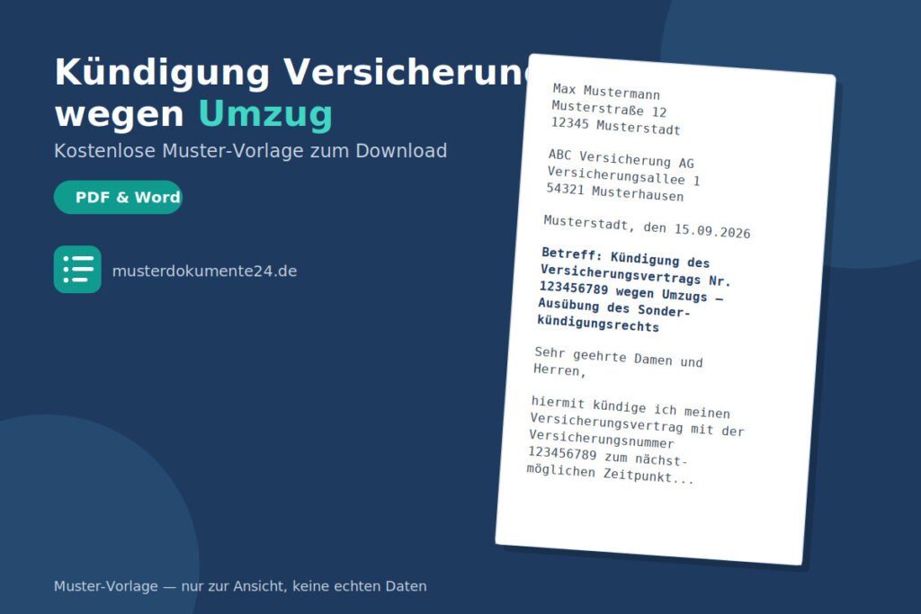 Kündigung Versicherung wegen Umzug: Nutzen Sie Ihr Sonderkündigungsrecht mit unserer kostenlosen Muster-Vorlage. Sofort als PDF & Word downloaden.